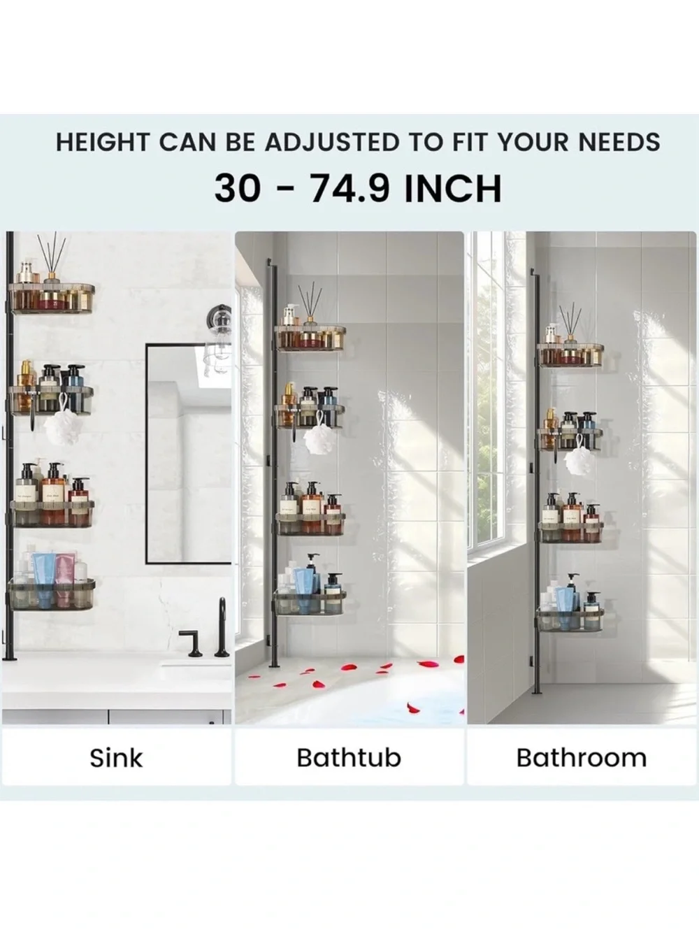 Corner Shower Caddy Adjustable Tension Pole 30–74.9” No Drill Black NIB Floyzoy